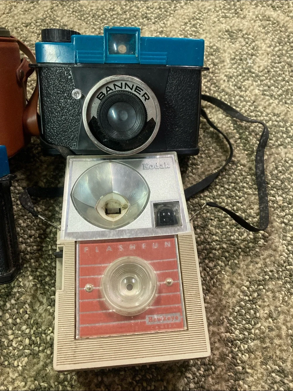 4 vintage film cameras plastic cycle up decor shelf pieces props as is